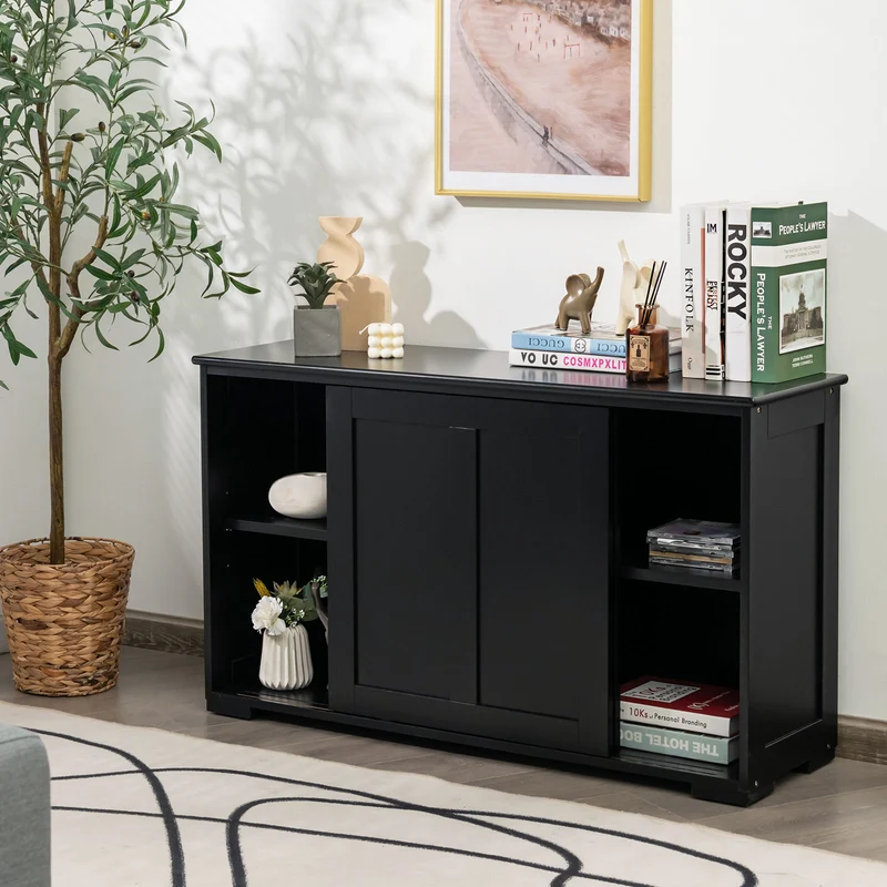 Kitchen Storage Cabinet, Sliding Door, Black
