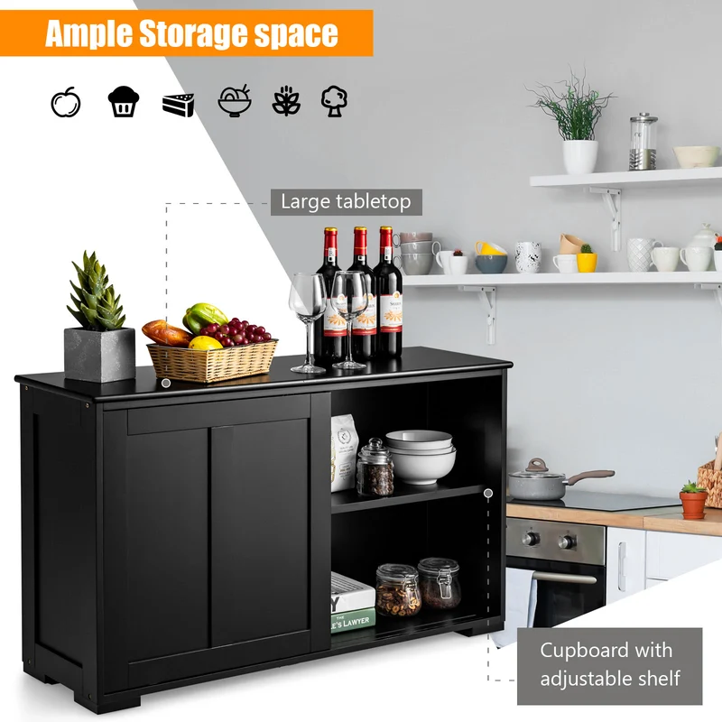 Kitchen Storage Cabinet, Sliding Door, Black