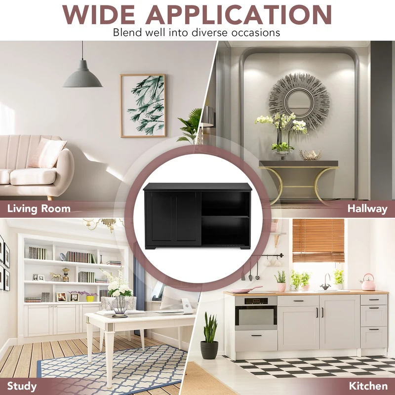 Kitchen Storage Cabinet, Sliding Door, Black