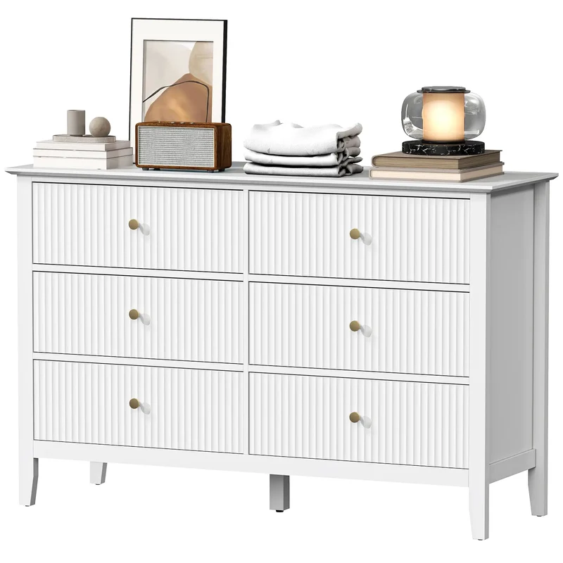 Modern 6 Drawer Dresser, Double Chest, White