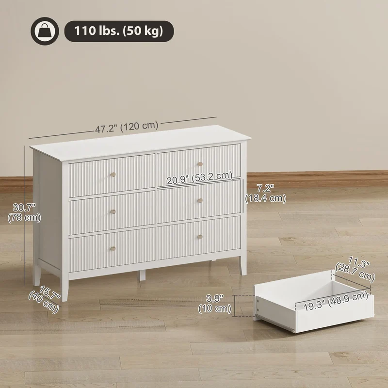 Modern 6 Drawer Dresser, Double Chest, White