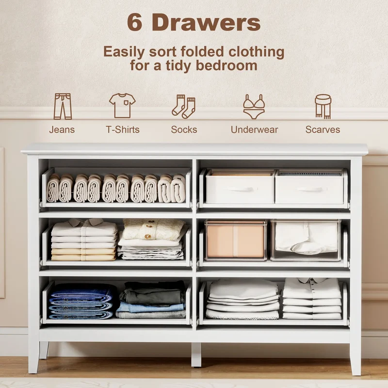 Modern 6 Drawer Dresser, Double Chest, White
