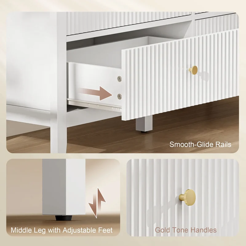 Modern 6 Drawer Dresser, Double Chest, White