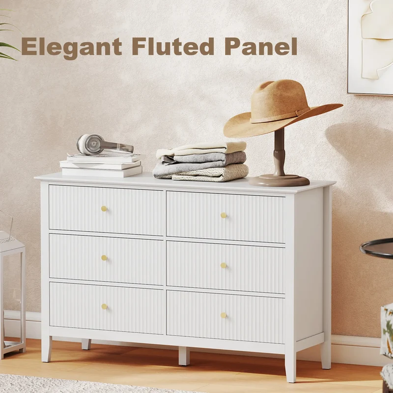 Modern 6 Drawer Dresser, Double Chest, White