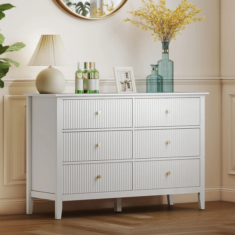 Modern 6 Drawer Dresser, Double Chest, White