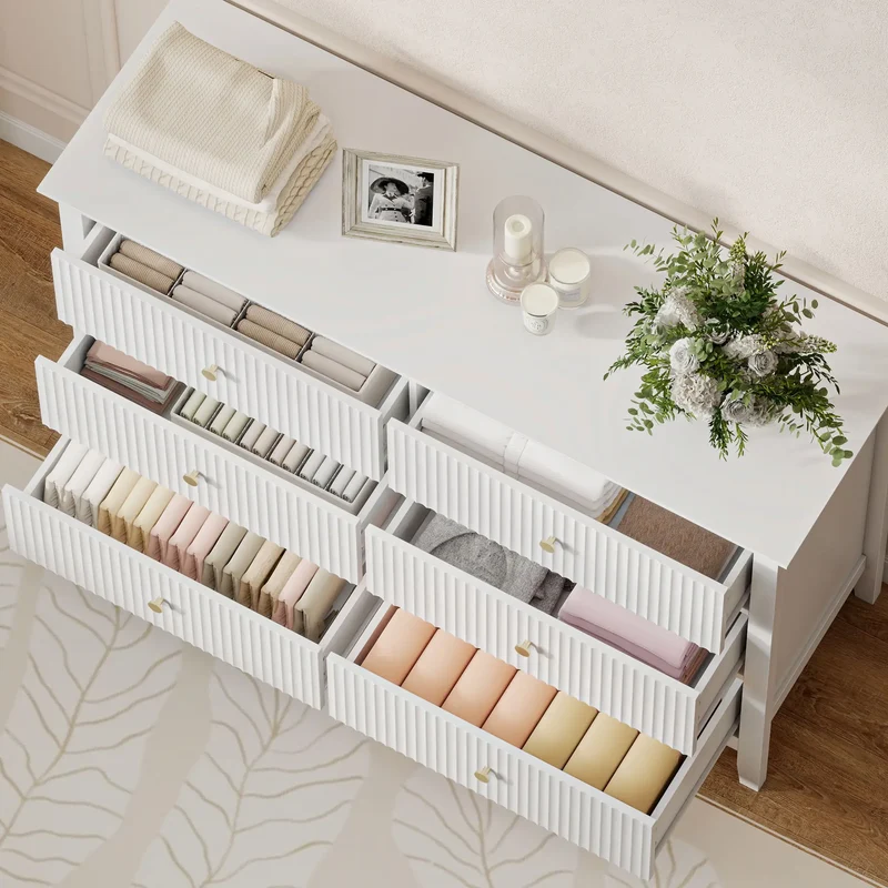 Modern 6 Drawer Dresser, Double Chest, White
