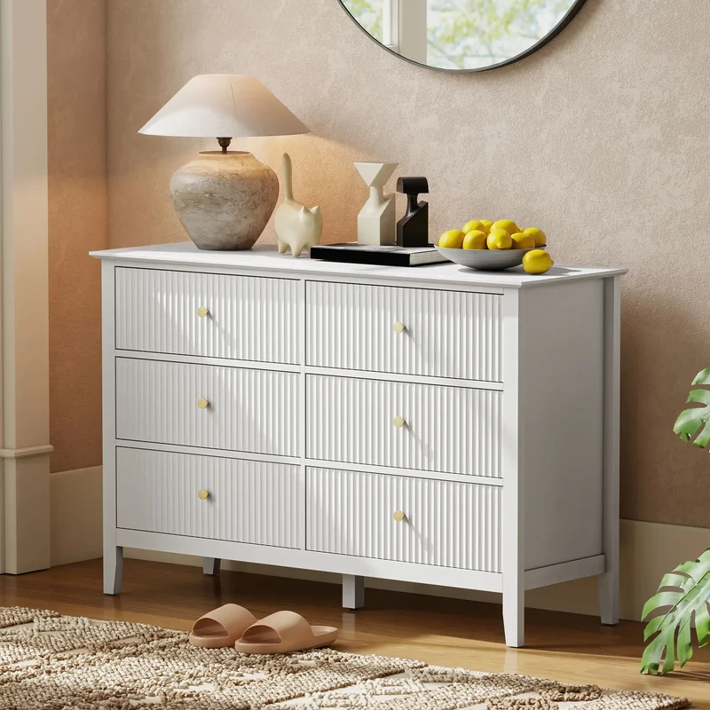 Modern 6 Drawer Dresser, Double Chest, White