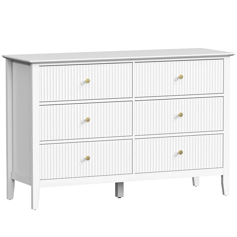 Modern 6 Drawer Dresser, Double Chest, White