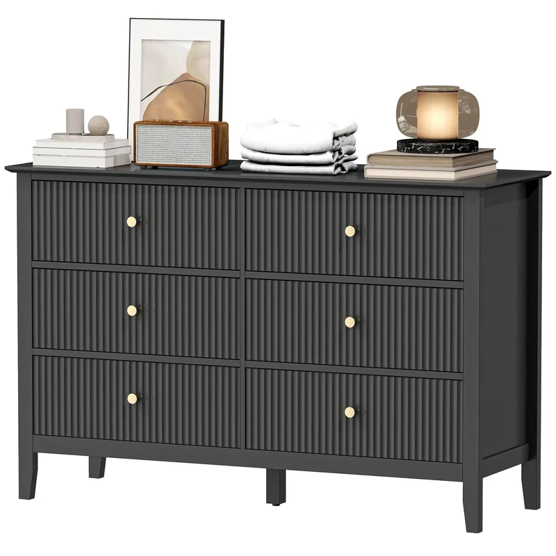 Modern 6 Drawer Dresser, Double Chest, Black