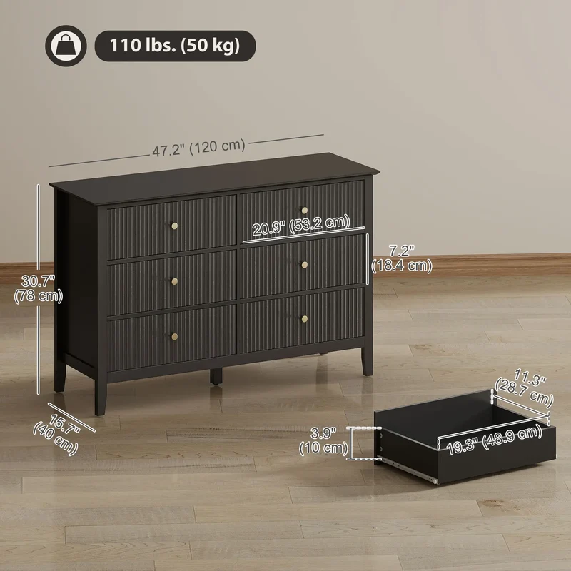 Modern 6 Drawer Dresser, Double Chest, Black