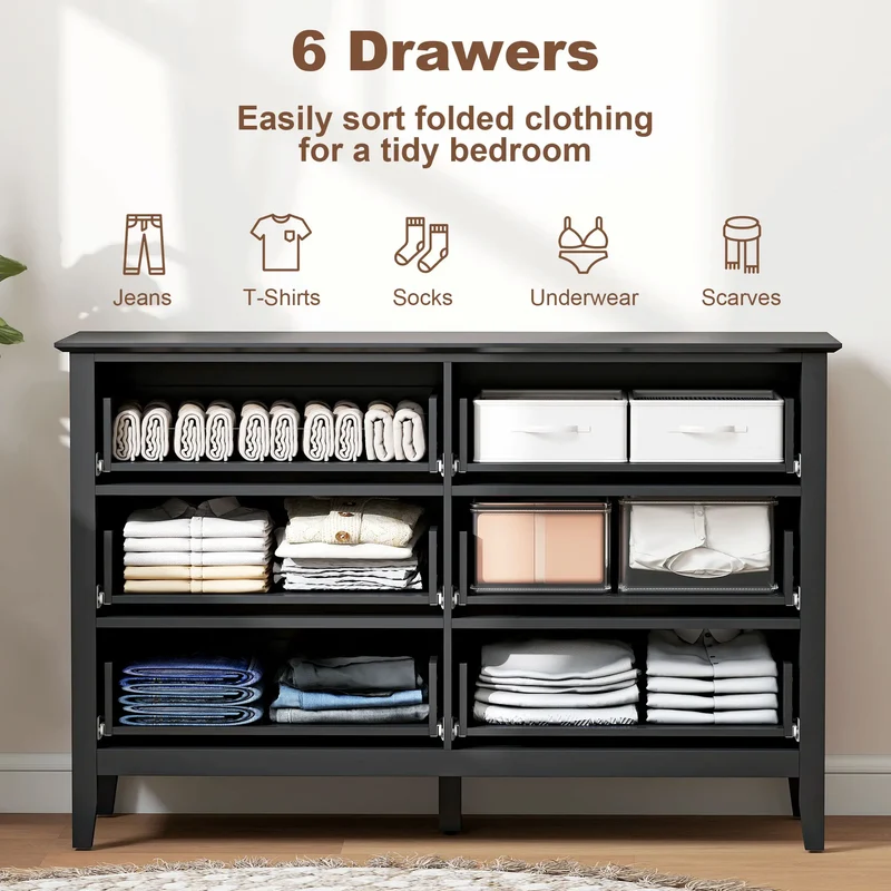 Modern 6 Drawer Dresser, Double Chest, Black