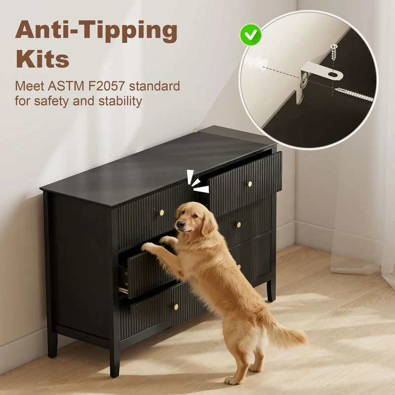Modern 6 Drawer Dresser, Double Chest, Black