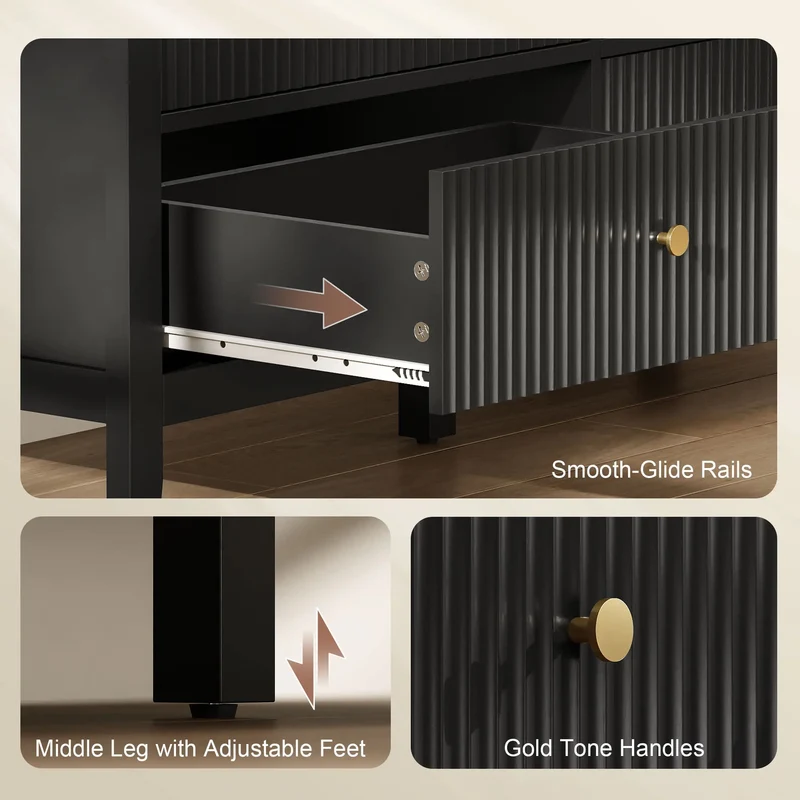 Modern 6 Drawer Dresser, Double Chest, Black