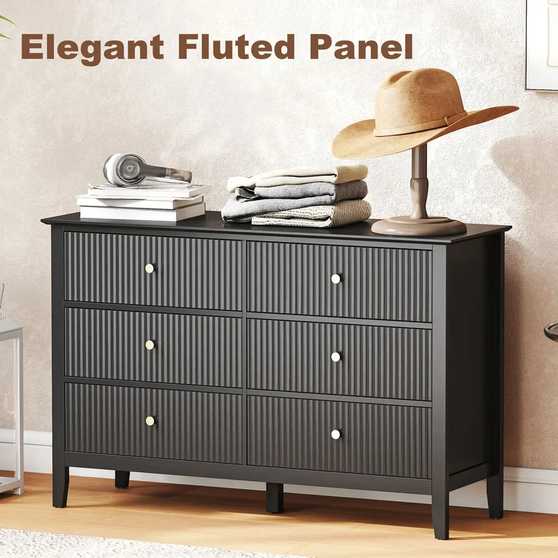 Modern 6 Drawer Dresser, Double Chest, Black