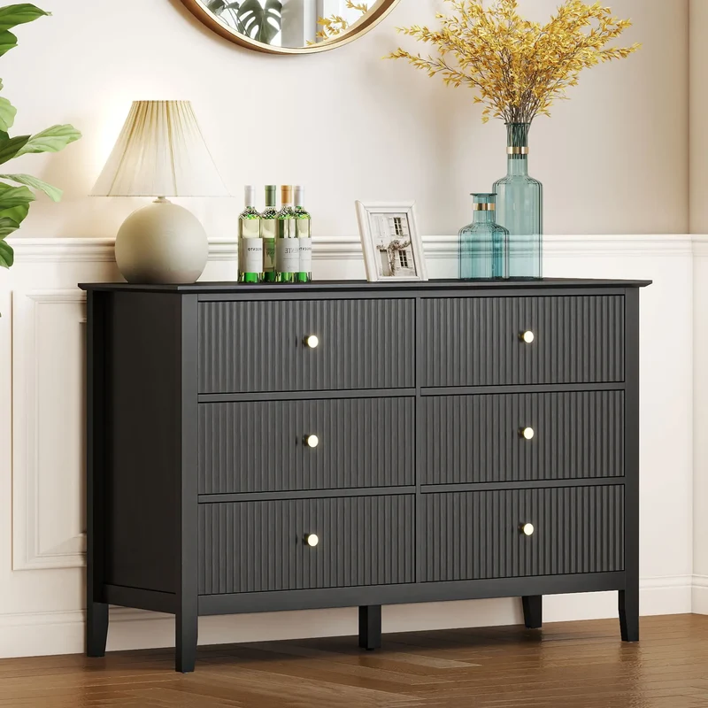 Modern 6 Drawer Dresser, Double Chest, Black