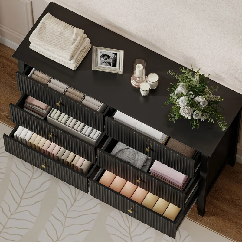 Modern 6 Drawer Dresser, Double Chest, Black