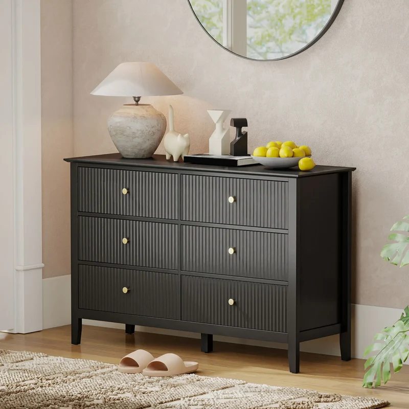 Modern 6 Drawer Dresser, Double Chest, Black