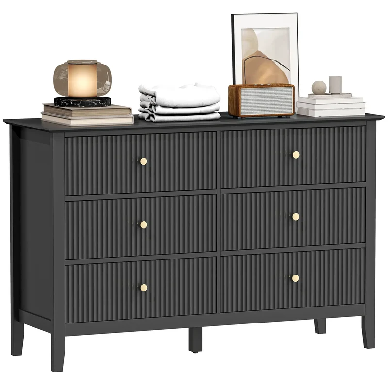 Modern 6 Drawer Dresser, Double Chest, Black