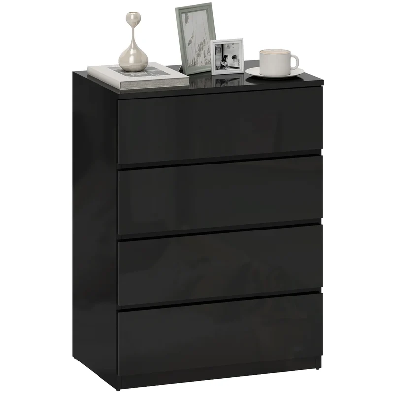 4 Drawer Cabinet, High Gloss Chest With Metal Runners, Black