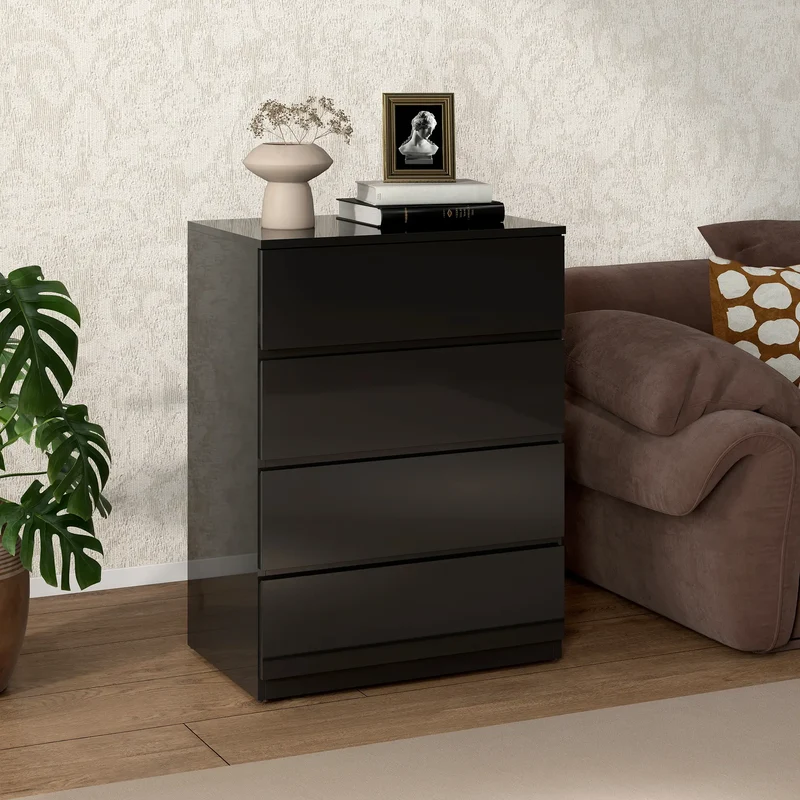 4 Drawer Cabinet, High Gloss Chest With Metal Runners, Black
