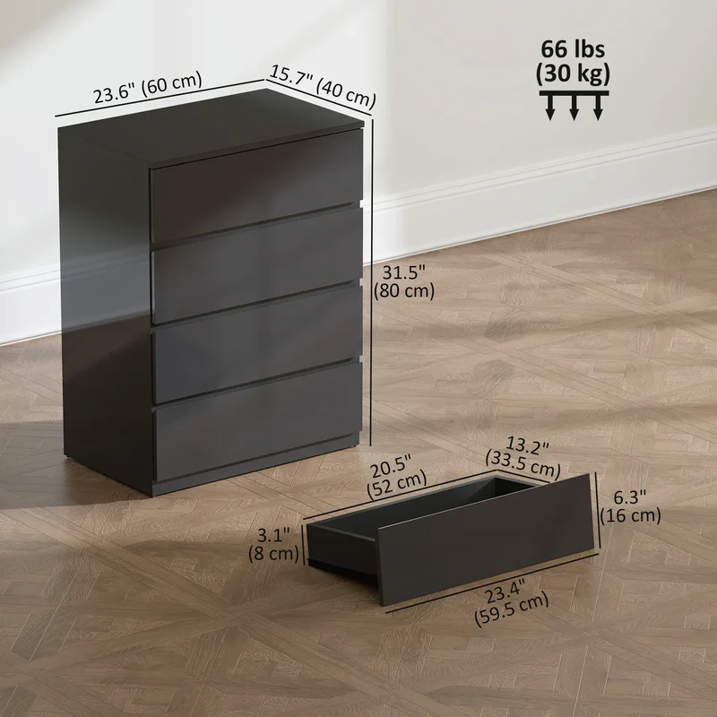 4 Drawer Cabinet, High Gloss Chest With Metal Runners, Black
