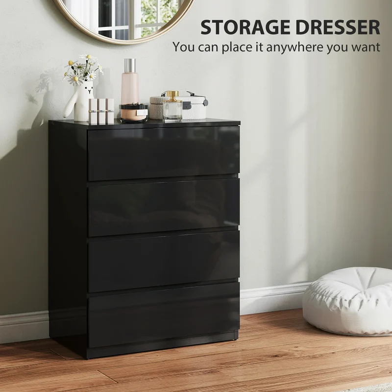 4 Drawer Cabinet, High Gloss Chest With Metal Runners, Black