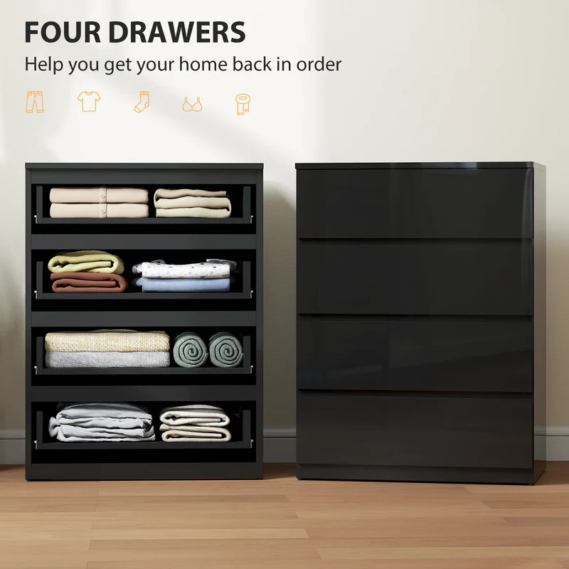 4 Drawer Cabinet, High Gloss Chest With Metal Runners, Black