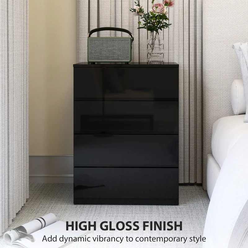 4 Drawer Cabinet, High Gloss Chest With Metal Runners, Black