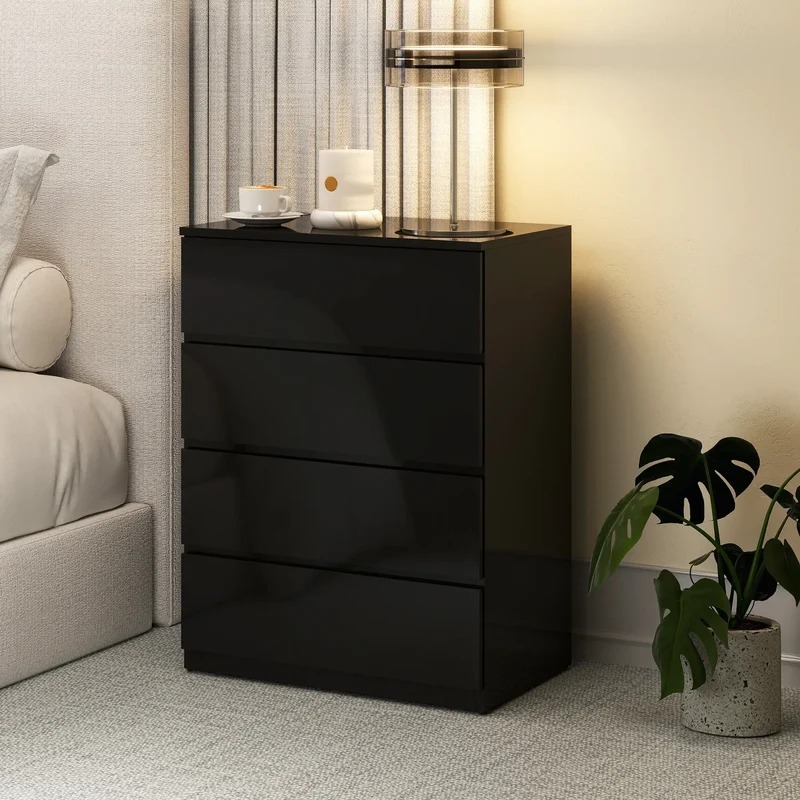 4 Drawer Cabinet, High Gloss Chest With Metal Runners, Black