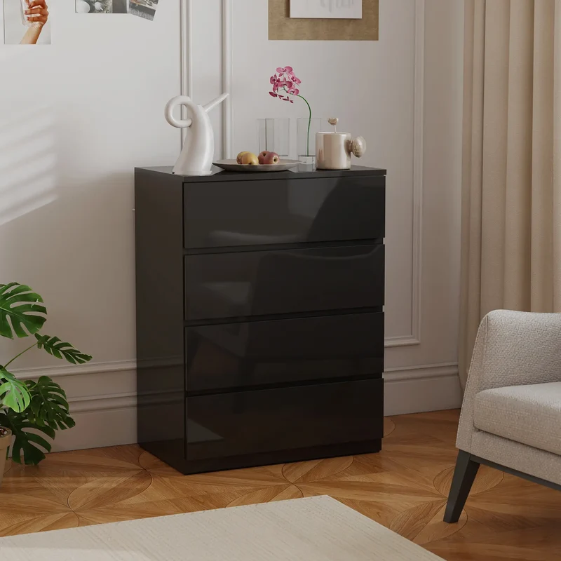 4 Drawer Cabinet, High Gloss Chest With Metal Runners, Black