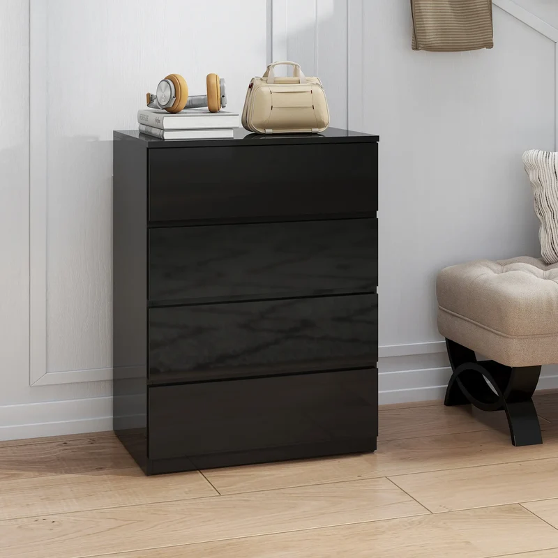 4 Drawer Cabinet, High Gloss Chest With Metal Runners, Black
