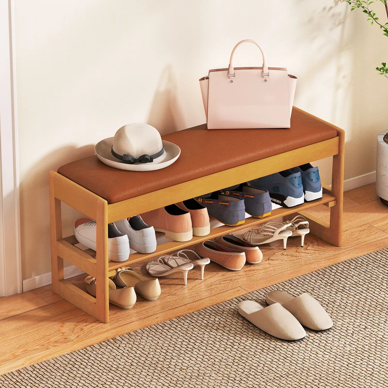 Shoe Rack Bench with Storage 2-Tier Rubberwood Entryway Bench with Flip-Open Storage, Brown