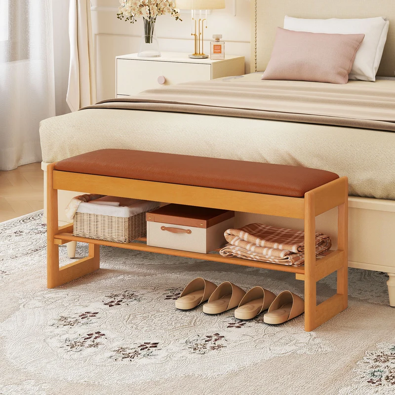 Shoe Rack Bench with Storage 2-Tier Rubberwood Entryway Bench with Flip-Open Storage, Brown