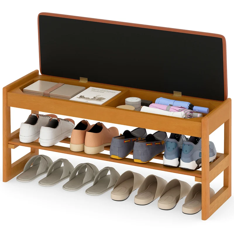 Shoe Rack Bench with Storage 2-Tier Rubberwood Entryway Bench with Flip-Open Storage, Brown