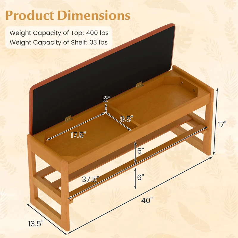 Shoe Rack Bench with Storage 2-Tier Rubberwood Entryway Bench with Flip-Open Storage, Brown