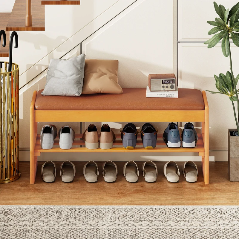Shoe Rack Bench with Storage 2-Tier Rubberwood Entryway Bench with Flip-Open Storage, Brown