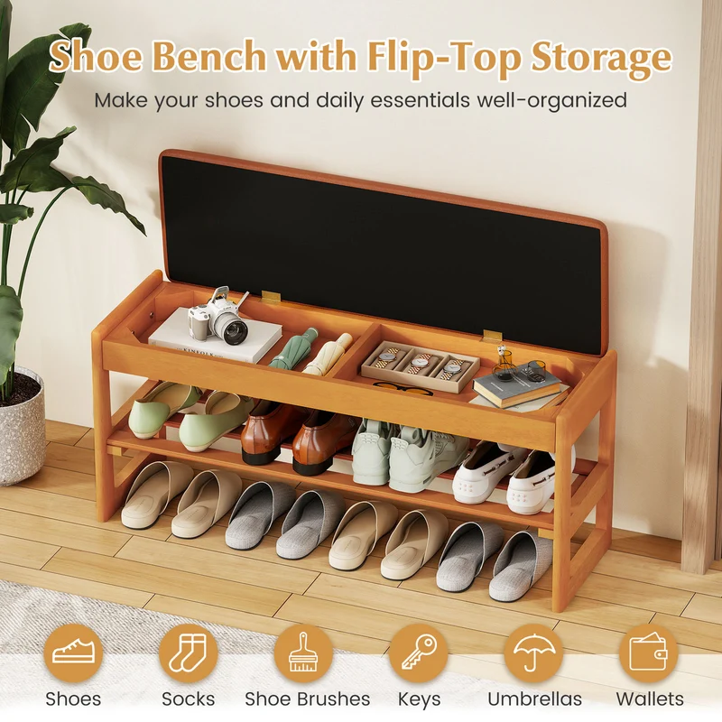 Shoe Rack Bench with Storage 2-Tier Rubberwood Entryway Bench with Flip-Open Storage, Brown