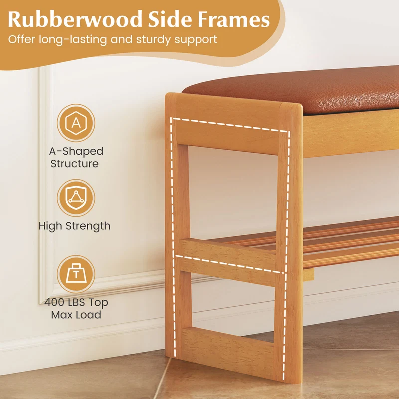 Shoe Rack Bench with Storage 2-Tier Rubberwood Entryway Bench with Flip-Open Storage, Brown