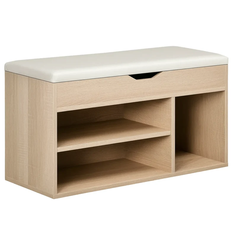 Shoe Bench with Padded Cushion, Hidden Storage, Natural