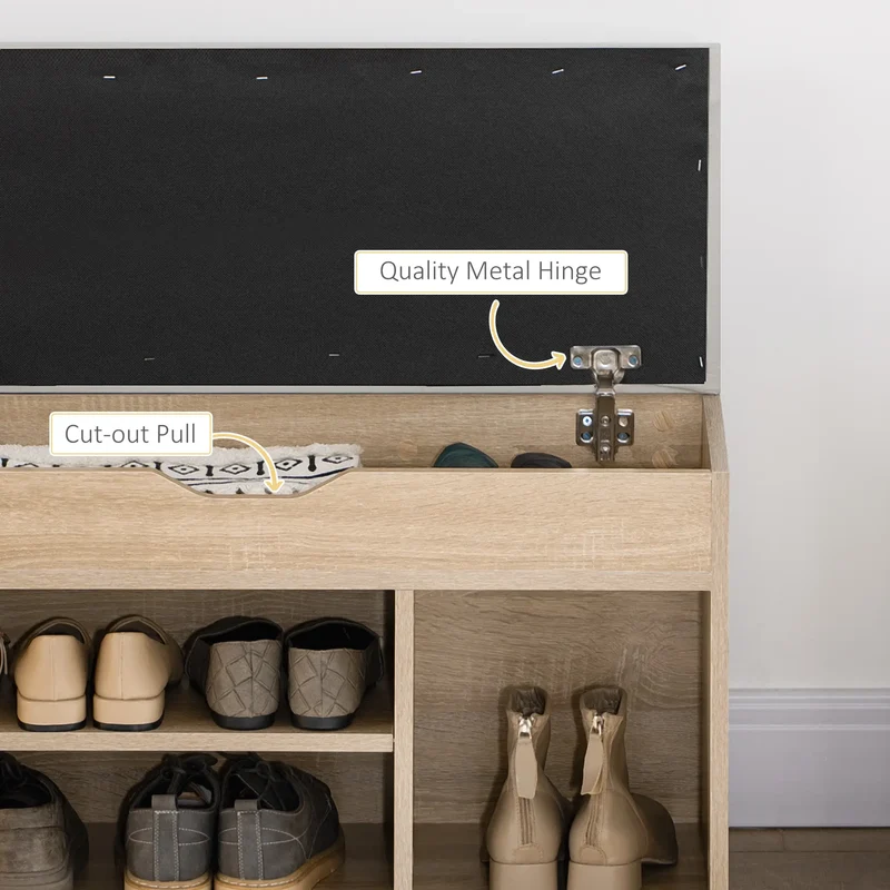 Shoe Bench with Padded Cushion, Hidden Storage, Natural