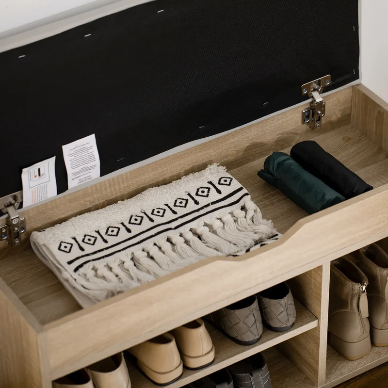 Shoe Bench with Padded Cushion, Hidden Storage, Natural