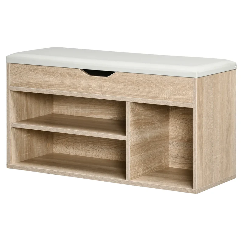 Shoe Bench with Padded Cushion, Hidden Storage, Natural