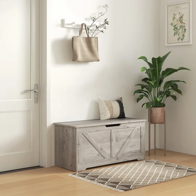 39.4 Inches Storage Chest, Wooden Box with Safety Hinges, Wood Grain, Grey