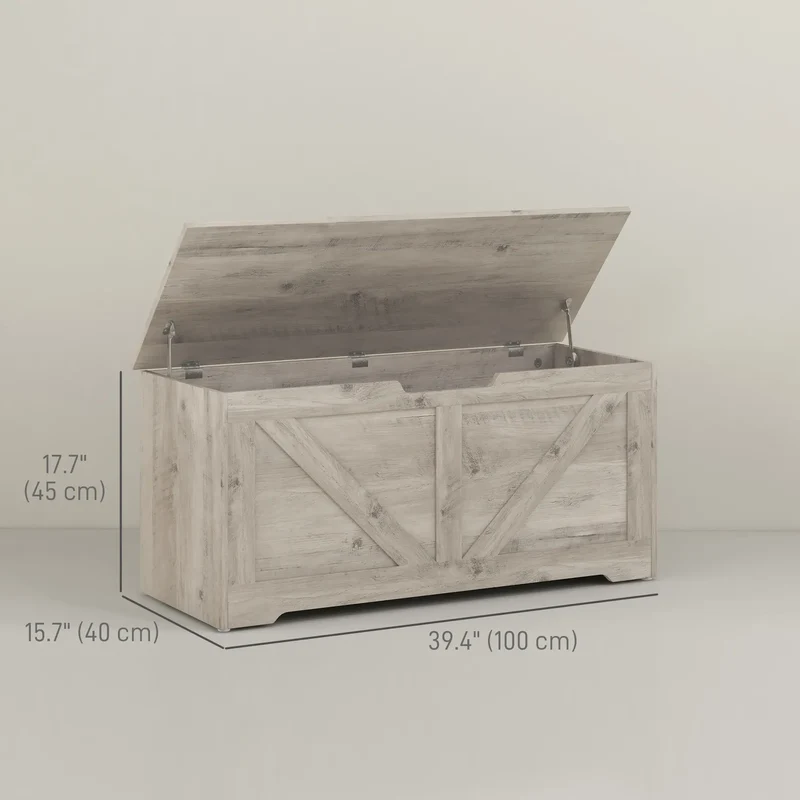 39.4 Inches Storage Chest, Wooden Box with Safety Hinges, Wood Grain, Grey