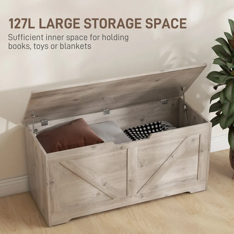 39.4 Inches Storage Chest, Wooden Box with Safety Hinges, Wood Grain, Grey