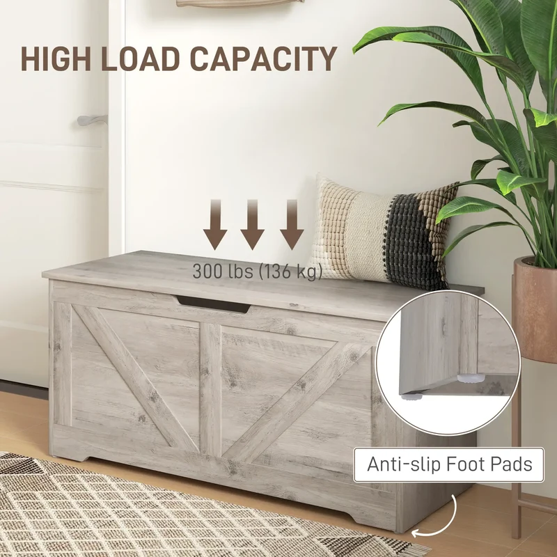39.4 Inches Storage Chest, Wooden Box with Safety Hinges, Wood Grain, Grey