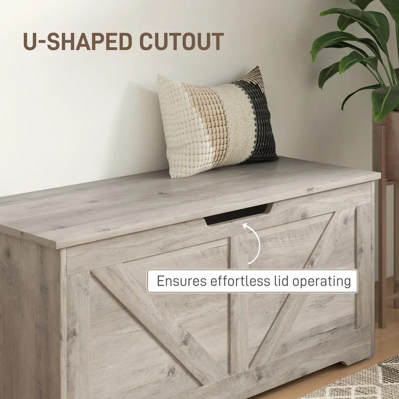 39.4 Inches Storage Chest, Wooden Box with Safety Hinges, Wood Grain, Grey