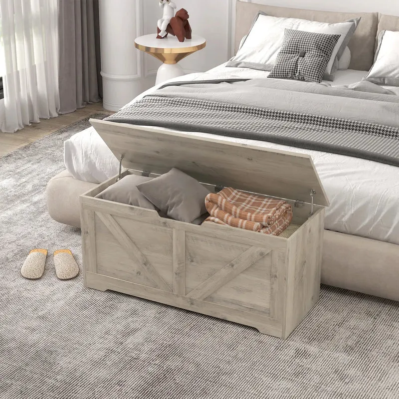 39.4 Inches Storage Chest, Wooden Box with Safety Hinges, Wood Grain, Grey