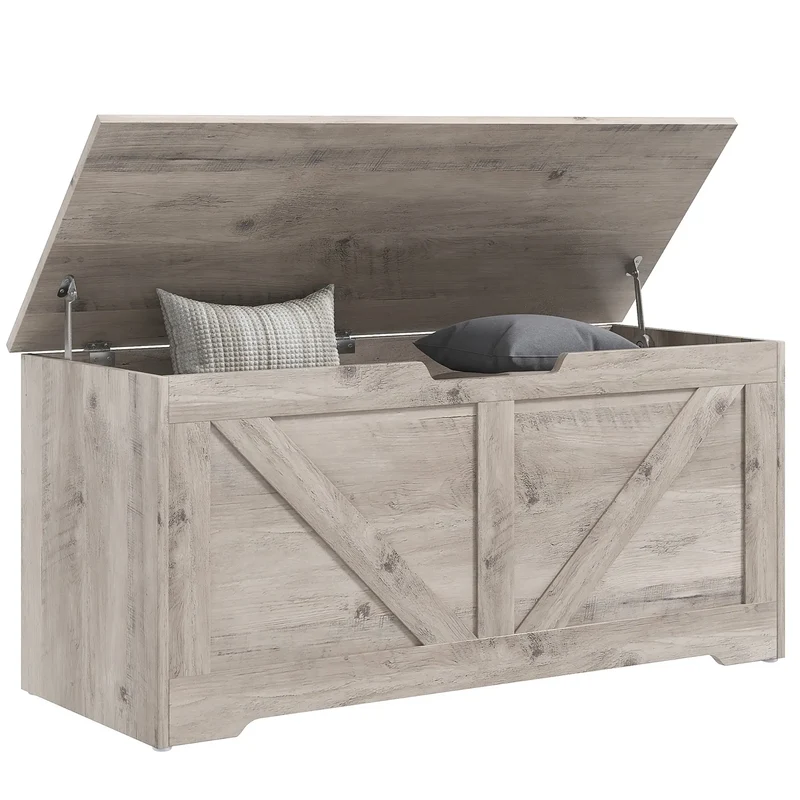 39.4 Inches Storage Chest, Wooden Box with Safety Hinges, Wood Grain, Grey