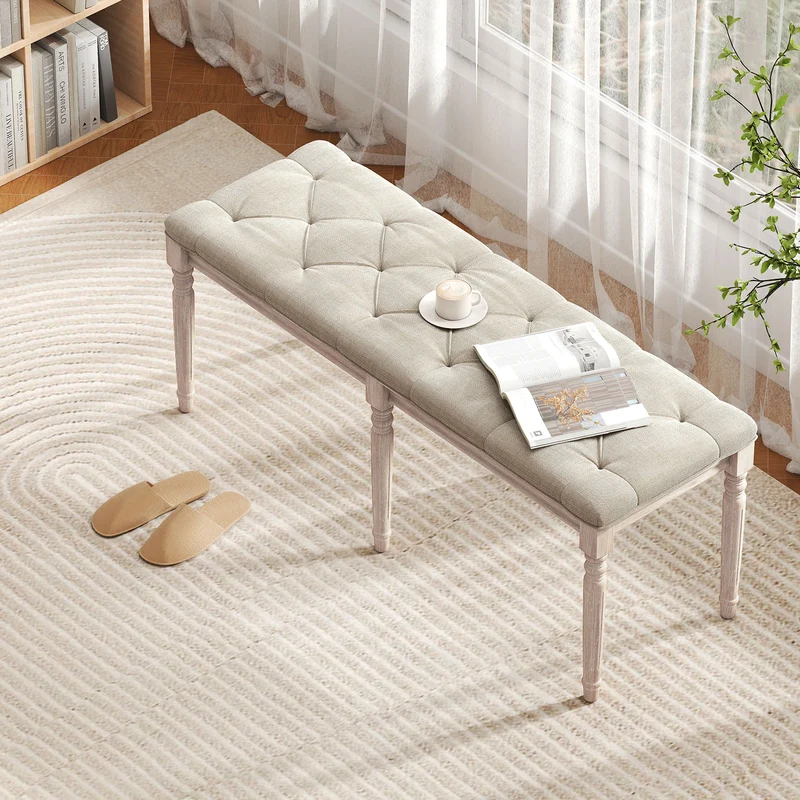 47.5 Inch Upholstered Bench with Carved Rubber Wood Legs and Padded Seat, Beige